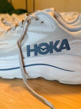Hoka Light Gray and Blue Cushioned Running Shoe